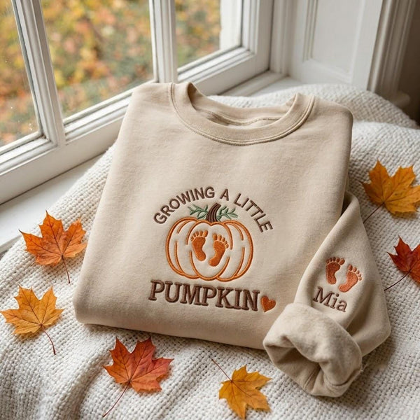 Growing A Little Pumpkin Embroidered Sweatshirt, Custom Name Pregnancy Reveal Crewneck