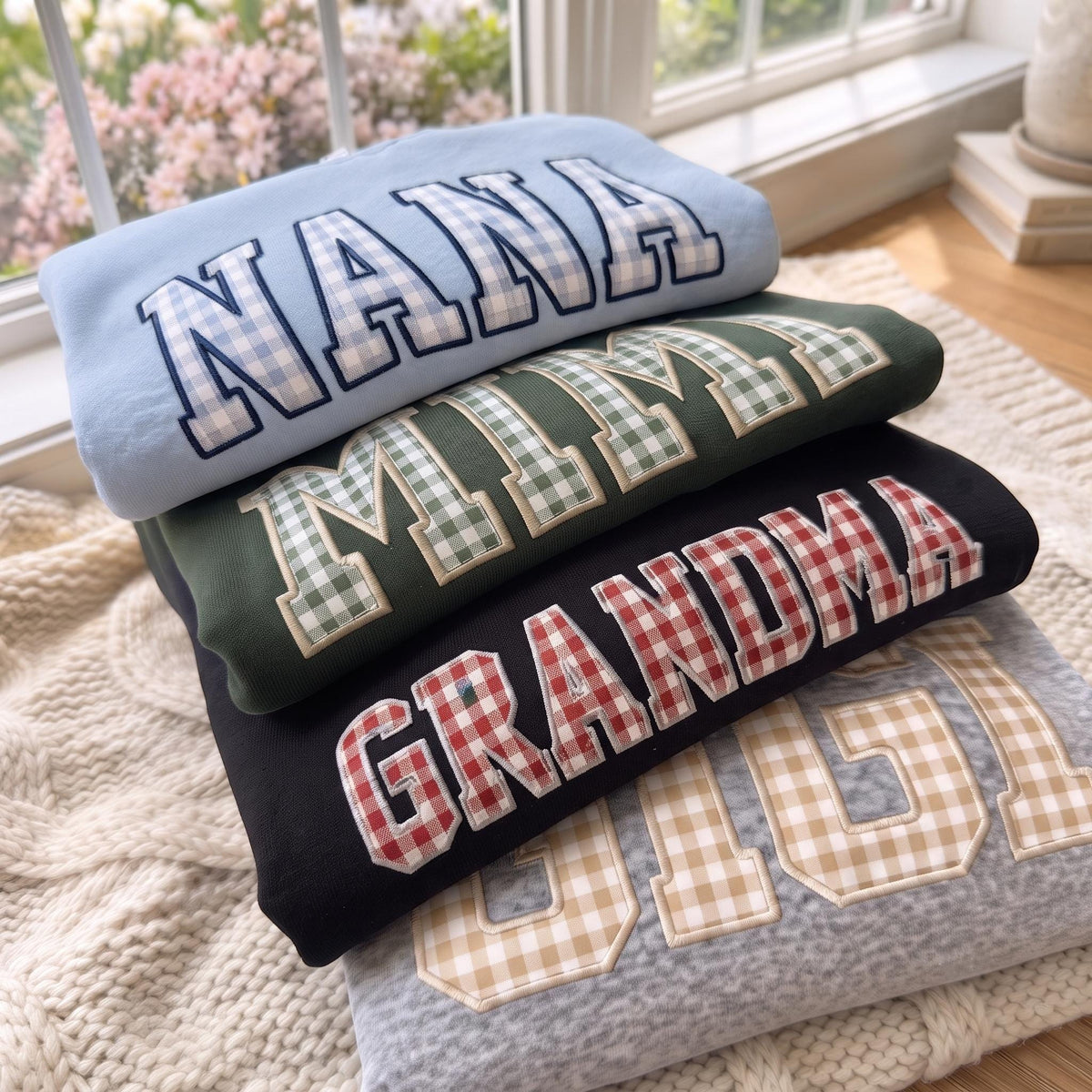 Embroidered Custom Gingham Applique Sweatshirt, Personalized Grandma Mama Name Crewneck, Varsity Lettering Pullover, Custom Gift For Her