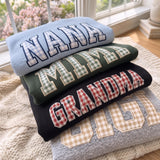 Embroidered Custom Gingham Applique Sweatshirt, Personalized Grandma Mama Name Crewneck, Varsity Lettering Pullover, Custom Gift For Her