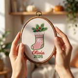 Custom Name Christmas Ornament, Baby Girl 1st Xmas Gift, Embroidered Hoop Hanging Decor, Pink Gingham Stocking Keepsake 2026