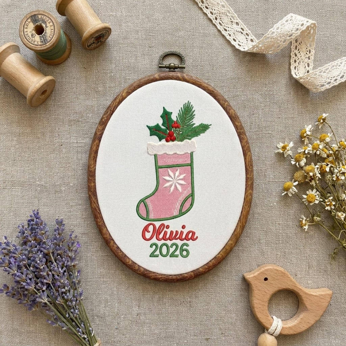 Custom Name Christmas Ornament, Baby Girl 1st Xmas Gift, Embroidered Hoop Hanging Decor, Pink Gingham Stocking Keepsake 2026