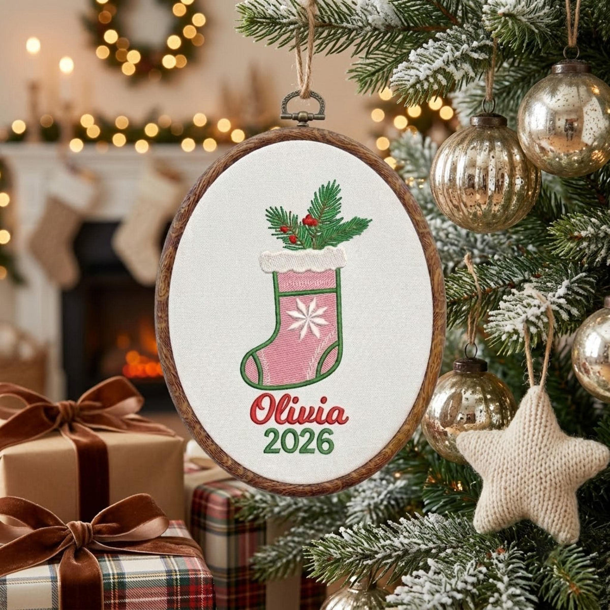Custom Name Christmas Ornament, Baby Girl 1st Xmas Gift, Embroidered Hoop Hanging Decor, Pink Gingham Stocking Keepsake 2026