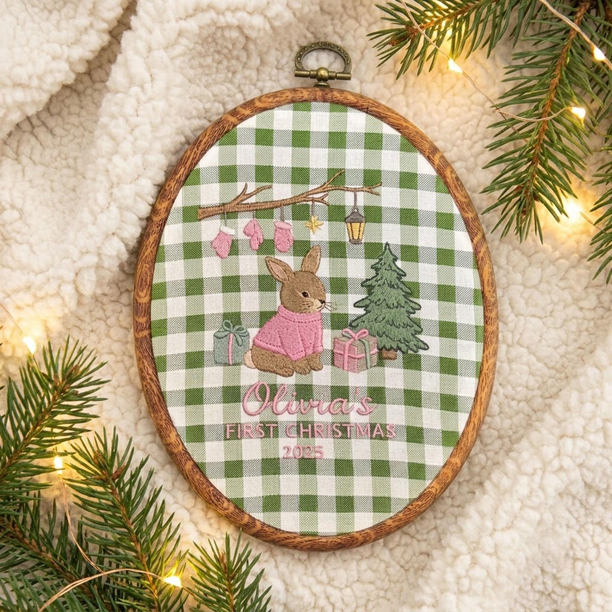 Personalized Baby First Christmas Ornament 2026, Cute Bunny Embroidered Hoop, Custom Name Xmas Keepsake, Newborn Woodland Gift