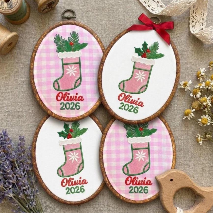 Custom Name Christmas Ornament, Baby Girl 1st Xmas Gift, Embroidered Hoop Hanging Decor, Pink Gingham Stocking Keepsake 2026