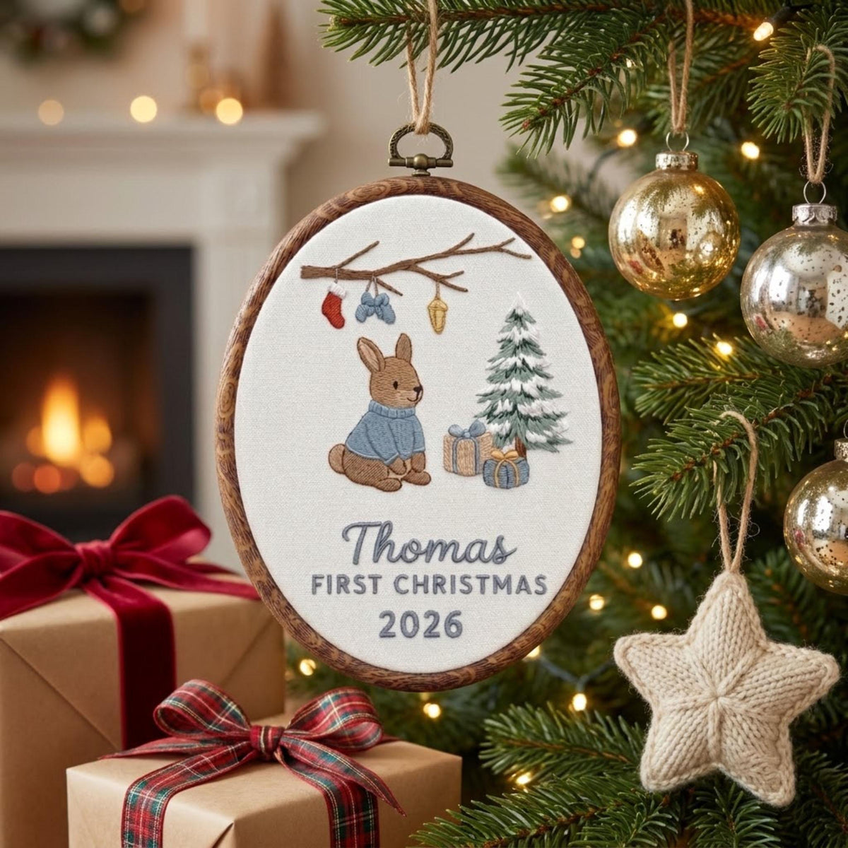 Custom Name Christmas Ornament, Baby Boy 1st Xmas Gift 2026, Cute Bunny Embroidered Hoop Decor, Red Linen Newborn Keepsake Ornament