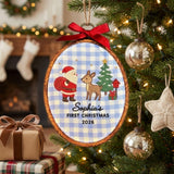 Custom Name Christmas Ornament, Baby 1st Xmas Gift 2026, Santa Claus Deer Embroidered Hoop Decor, Blue Gingham Keepsake Tree Hanging
