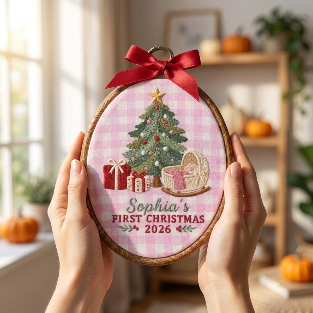 Personalized Baby Girl 1st Christmas Ornament 2026 - Embroidered Cradle Pink Gingham Hoop