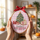 Personalized Baby Girl 1st Christmas Ornament 2026 - Embroidered Cradle Pink Gingham Hoop