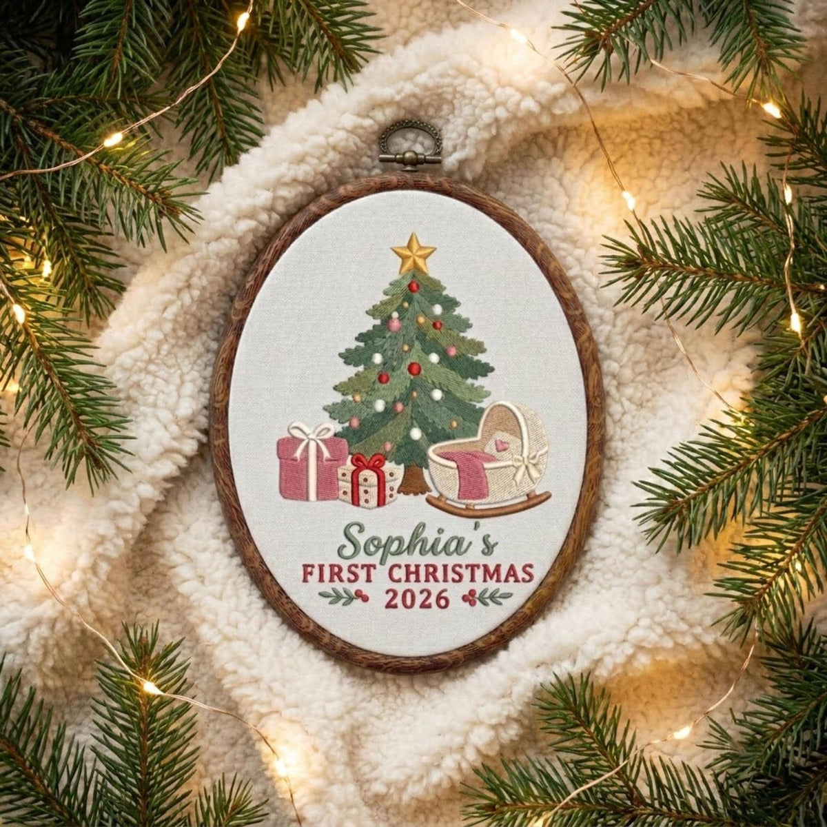 Personalized Baby Girl 1st Christmas Ornament 2026 - Embroidered Cradle Pink Gingham Hoop