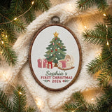 Personalized Baby Girl 1st Christmas Ornament 2026 - Embroidered Cradle Pink Gingham Hoop