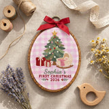 Personalized Baby Girl 1st Christmas Ornament 2026 - Embroidered Cradle Pink Gingham Hoop