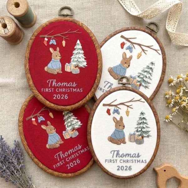 Custom Name Christmas Ornament, Baby Boy 1st Xmas Gift 2026, Cute Bunny Embroidered Hoop Decor, Red Linen Newborn Keepsake Ornament