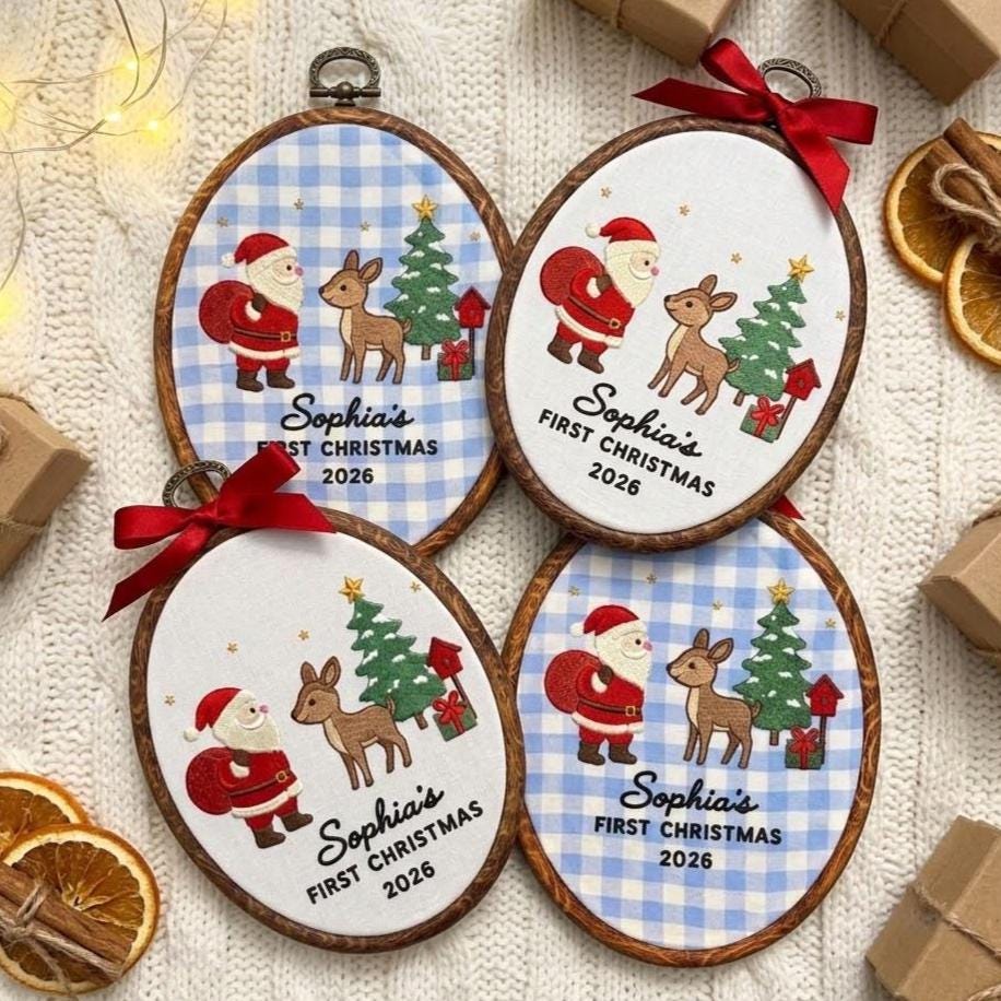 Custom Name Christmas Ornament, Baby 1st Xmas Gift 2026, Santa Claus Deer Embroidered Hoop Decor, Blue Gingham Keepsake Tree Hanging