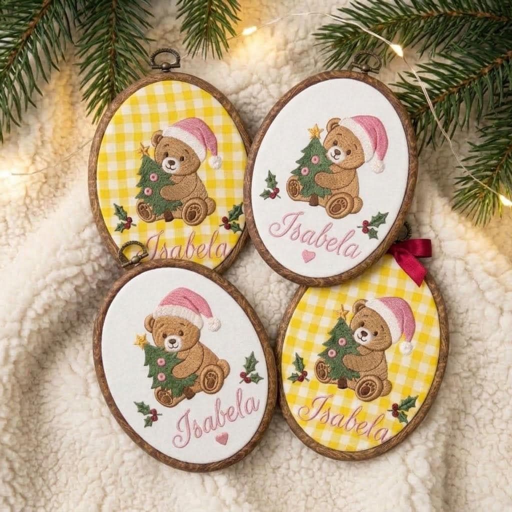 Custom Name Christmas Ornament, Cute Teddy Bear Embroidered Hoop, Personalized Baby Keepsake Gift, Yellow Gingham Tree Hanging Ornament