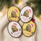 Custom Name Christmas Ornament, Cute Teddy Bear Embroidered Hoop, Personalized Baby Keepsake Gift, Yellow Gingham Tree Hanging Ornament