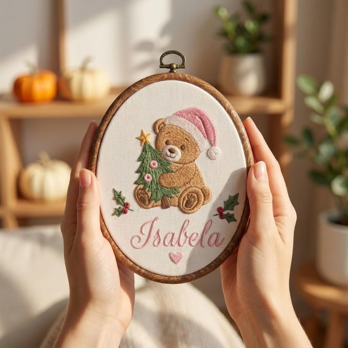 Custom Name Christmas Ornament, Cute Teddy Bear Embroidered Hoop, Personalized Baby Keepsake Gift, Yellow Gingham Tree Hanging Ornament
