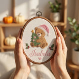 Custom Name Christmas Ornament, Cute Teddy Bear Embroidered Hoop, Personalized Baby Keepsake Gift, Yellow Gingham Tree Hanging Ornament