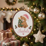 Custom Name Christmas Ornament, Cute Teddy Bear Embroidered Hoop, Personalized Baby Keepsake Gift, Yellow Gingham Tree Hanging Ornament