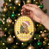 Custom Name Christmas Ornament, Cute Teddy Bear Embroidered Hoop, Personalized Baby Keepsake Gift, Yellow Gingham Tree Hanging Ornament