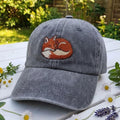 Red Fox Embroidered Hat, Charcoal Washed Denim Baseball Cap, Woodland Wildlife Gift