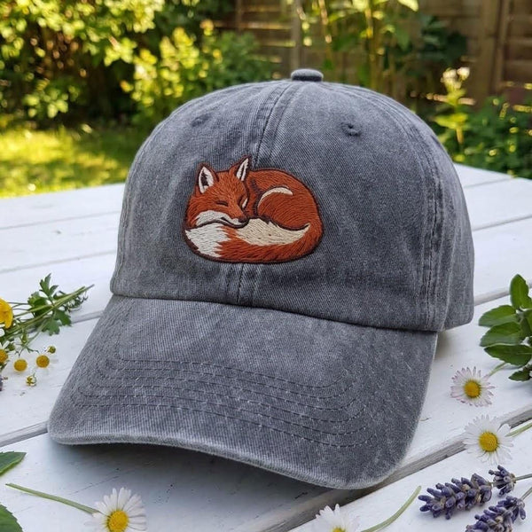 Red Fox Embroidered Hat, Charcoal Washed Denim Baseball Cap, Woodland Wildlife Gift