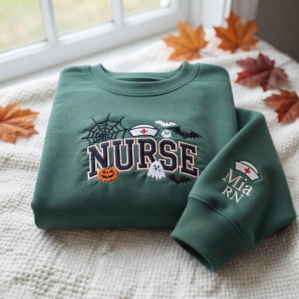 Custom Spooky Nurse Halloween Sweatshirt, Personalized Sleeve Healthcare Crewneck