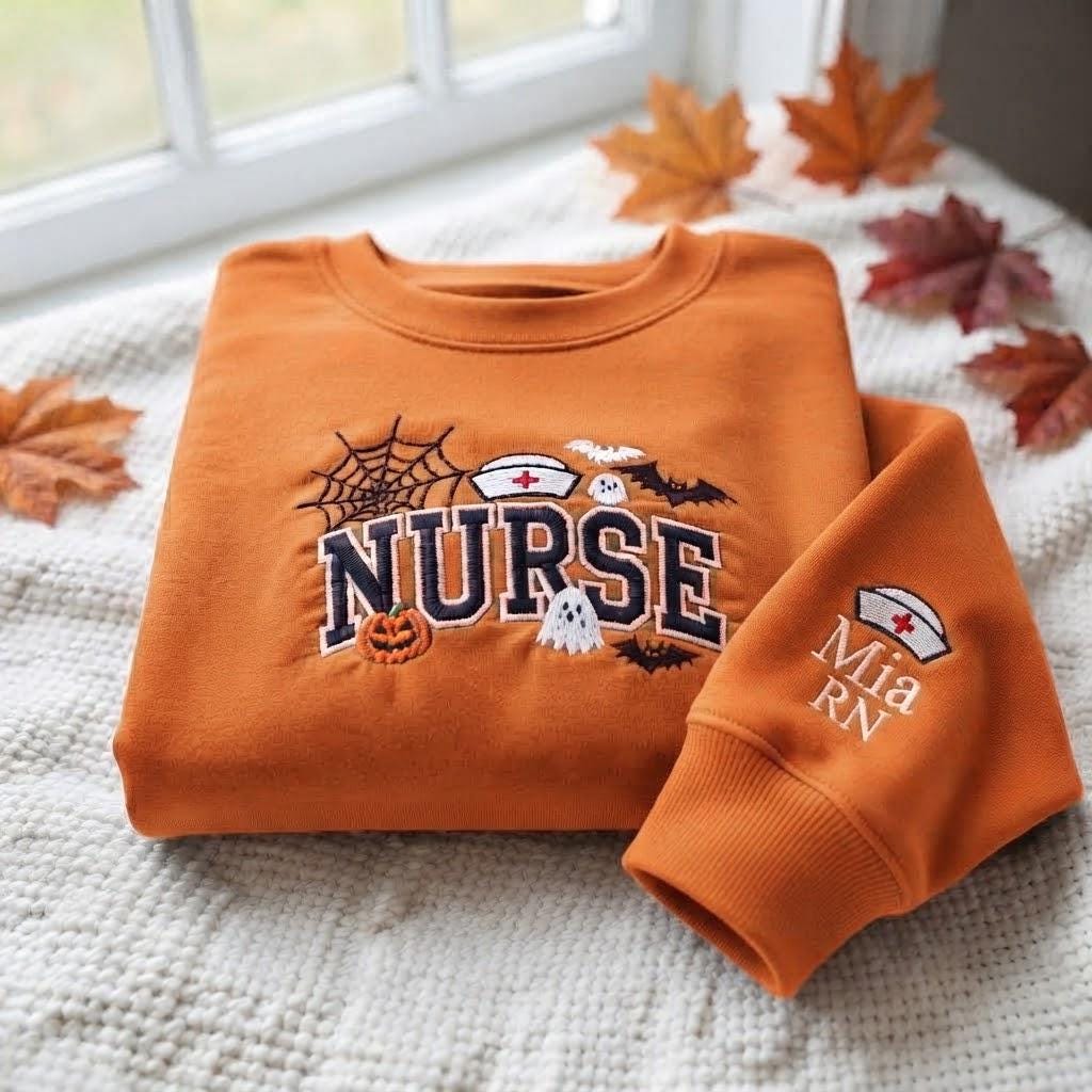 Custom Spooky Nurse Halloween Sweatshirt, Personalized Sleeve Healthcare Crewneck
