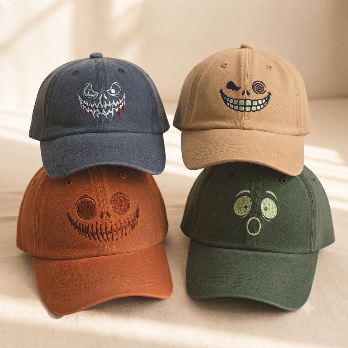 Spooky Pumpkin Faces Embroidered Hat, Funny Halloween Baseball Cap, Fall Gift