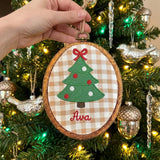 Custom Name Christmas Ornament, Embroidered Tree Hoop Hanging, Neutral Gingham Xmas Decor, Personalized Baby Holiday Keepsake Gift 2026