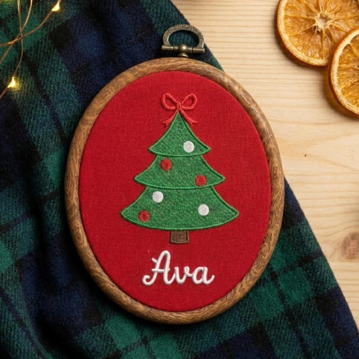 Custom Name Christmas Ornament, Embroidered Tree Hoop Hanging, Neutral Gingham Xmas Decor, Personalized Baby Holiday Keepsake Gift 2026