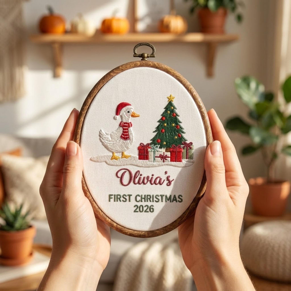 Custom Name Christmas Ornament, Baby 1st Xmas Gift 2026, Embroidered Duck Tree Hoop Decor, Blue Gingham Farmhouse Keepsake Tree Hanging