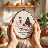 Custom Name Christmas Ornament, Baby 1st Xmas Gift 2026, Embroidered Duck Tree Hoop Decor, Blue Gingham Farmhouse Keepsake Tree Hanging