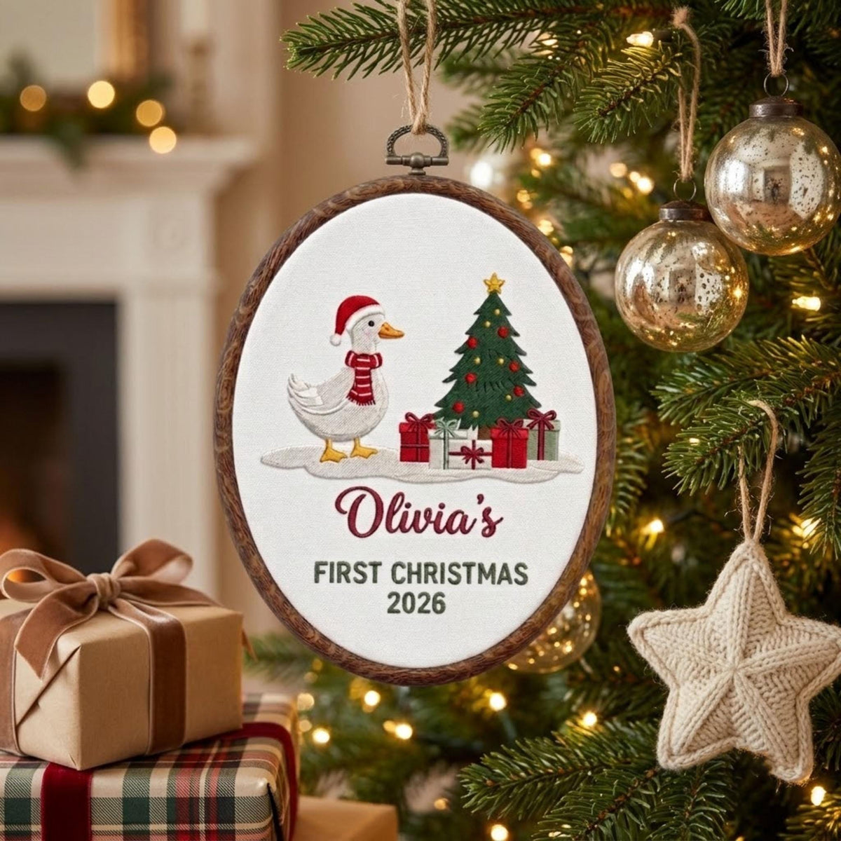 Custom Name Christmas Ornament, Baby 1st Xmas Gift 2026, Embroidered Duck Tree Hoop Decor, Blue Gingham Farmhouse Keepsake Tree Hanging