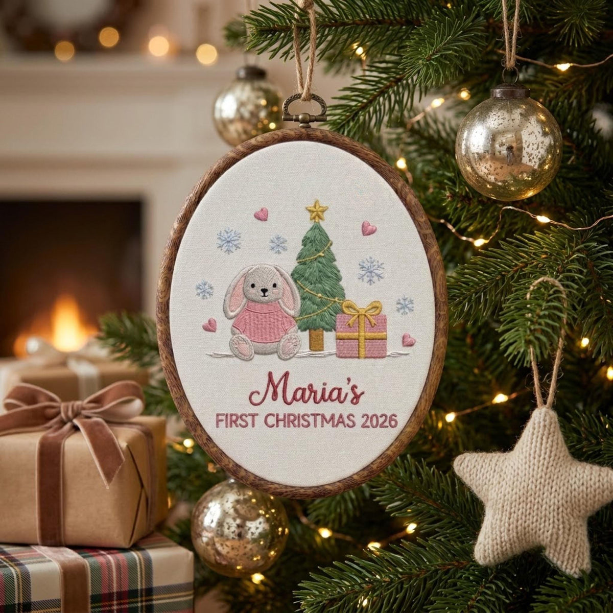 Custom Name Christmas Ornament, Baby Girl 1st Xmas Gift 2026, Cute Bunny Tree Embroidered Hoop Decor, Pink Gingham Keepsake Tree Hanging