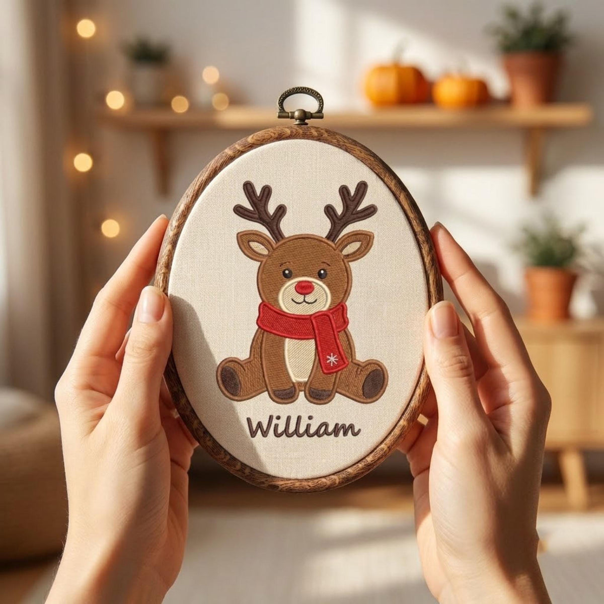 Personalized Christmas Ornament 2026, Cute Reindeer Embroidered Hoop, Custom Name Xmas Keepsake, Baby Kids Green Gingham Tree Decor