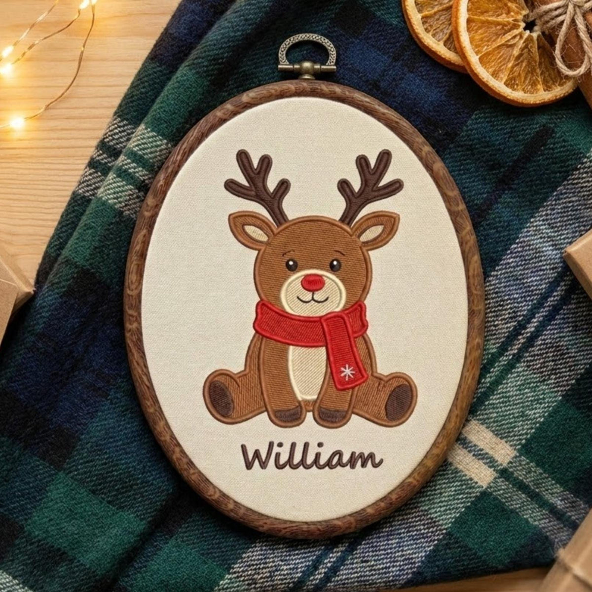 Personalized Christmas Ornament 2026, Cute Reindeer Embroidered Hoop, Custom Name Xmas Keepsake, Baby Kids Green Gingham Tree Decor