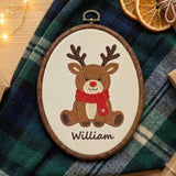Personalized Christmas Ornament 2026, Cute Reindeer Embroidered Hoop, Custom Name Xmas Keepsake, Baby Kids Green Gingham Tree Decor