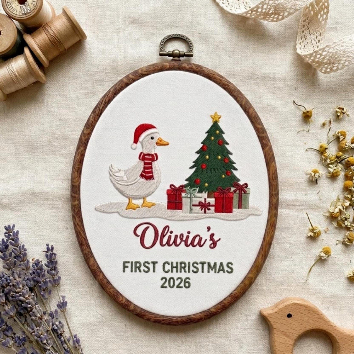 Custom Name Christmas Ornament, Baby 1st Xmas Gift 2026, Embroidered Duck Tree Hoop Decor, Blue Gingham Farmhouse Keepsake Tree Hanging