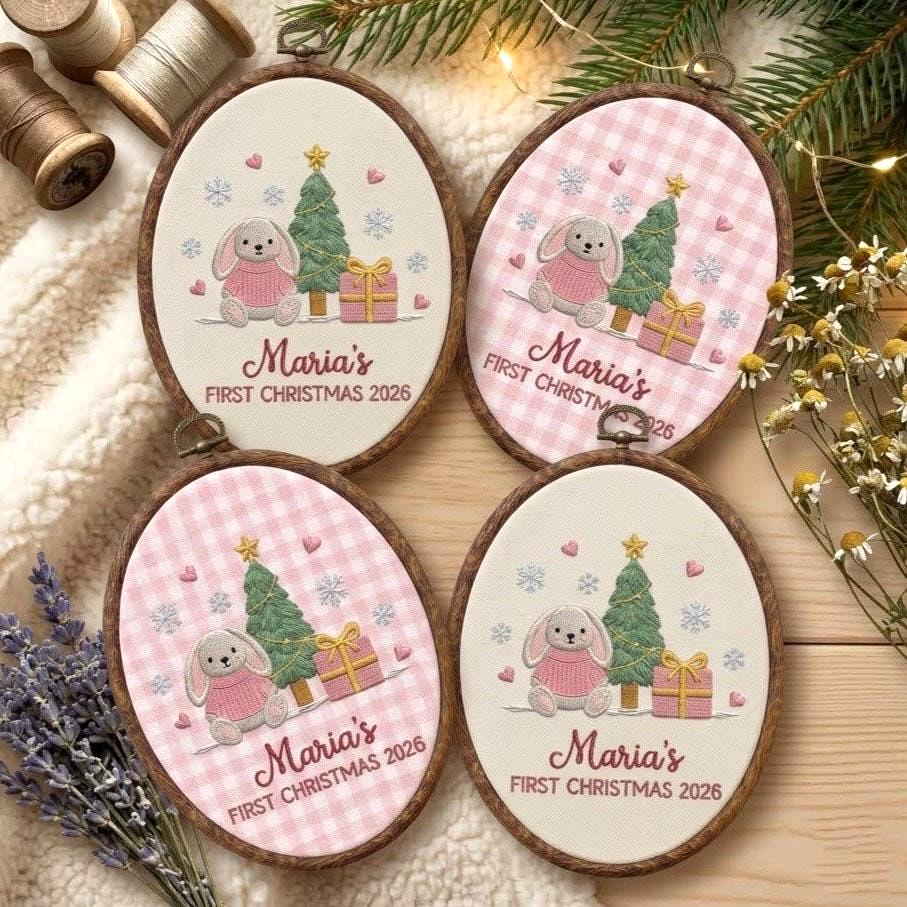 Custom Name Christmas Ornament, Baby Girl 1st Xmas Gift 2026, Cute Bunny Tree Embroidered Hoop Decor, Pink Gingham Keepsake Tree Hanging