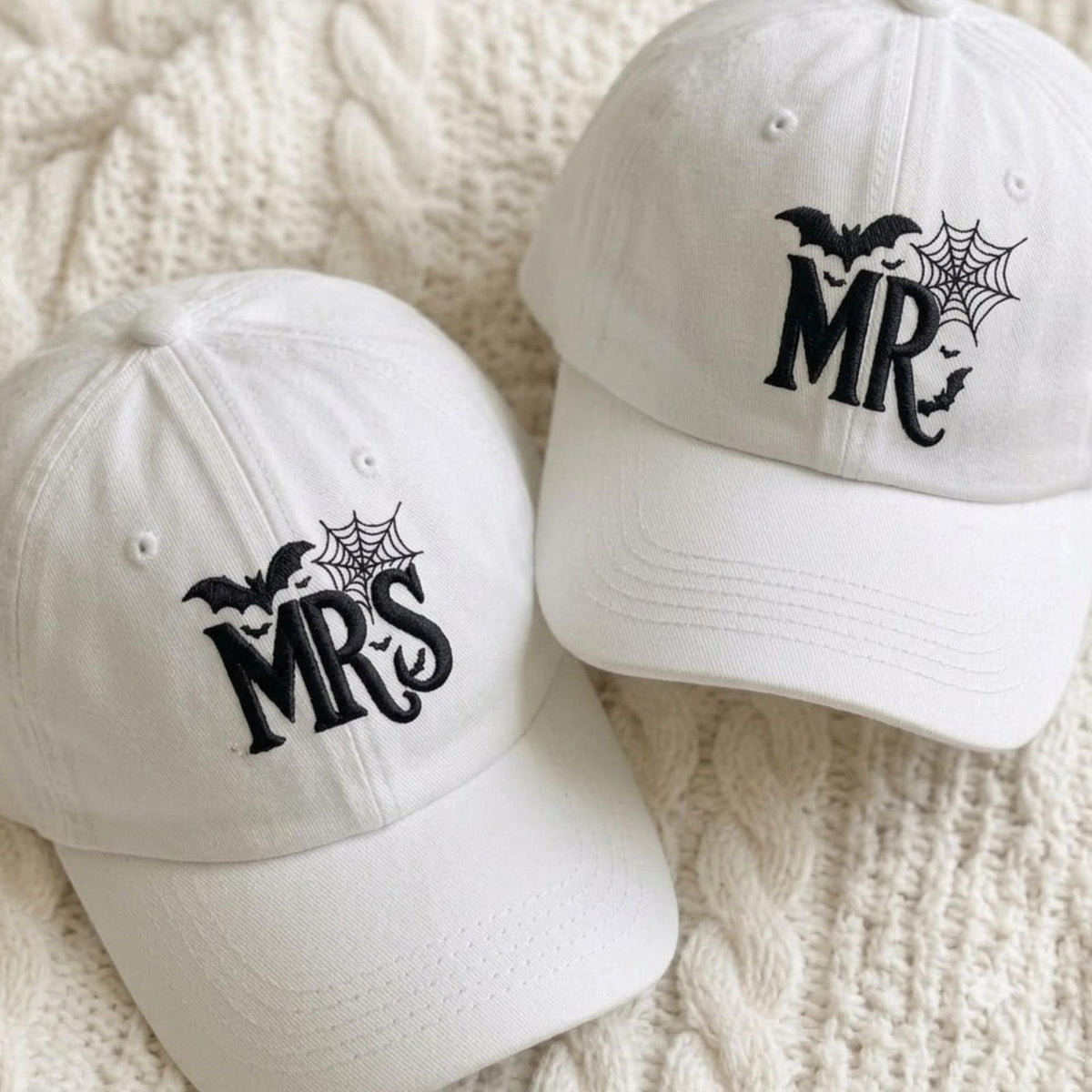 Matching Halloween Mr and Mrs Embroidered Hats, Spider Web Bat Couple Baseball Caps