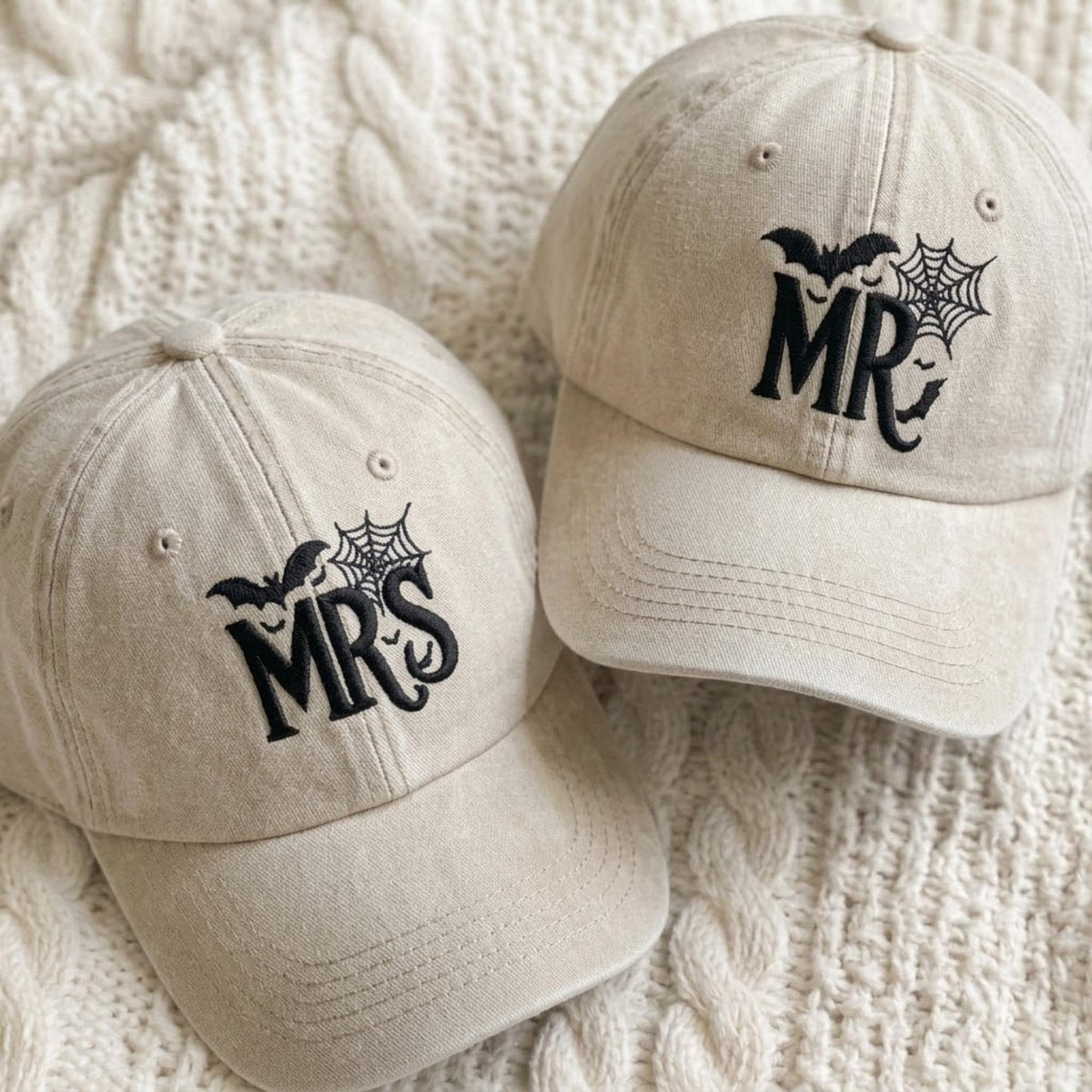 Matching Halloween Mr and Mrs Embroidered Hats, Spider Web Bat Couple Baseball Caps