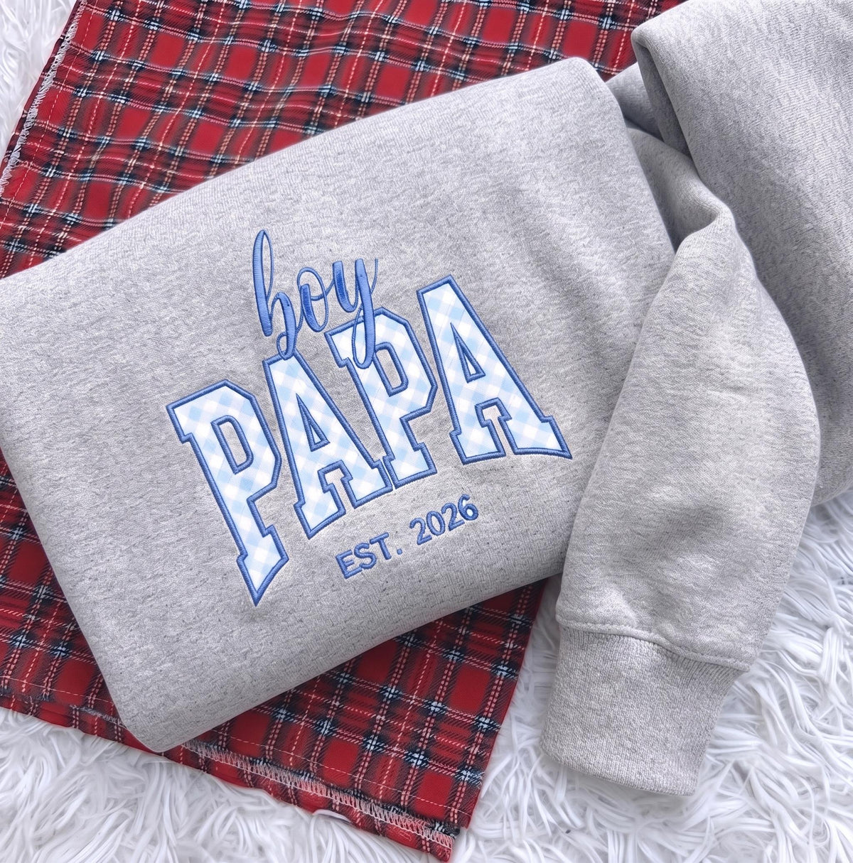 Custom Embroidered Boy Mom Boy Papa Sweatshirt, Gingham Applique Est 2026 Crewneck, New Dad New Mom Gift, Pregnancy Announcement Sweater