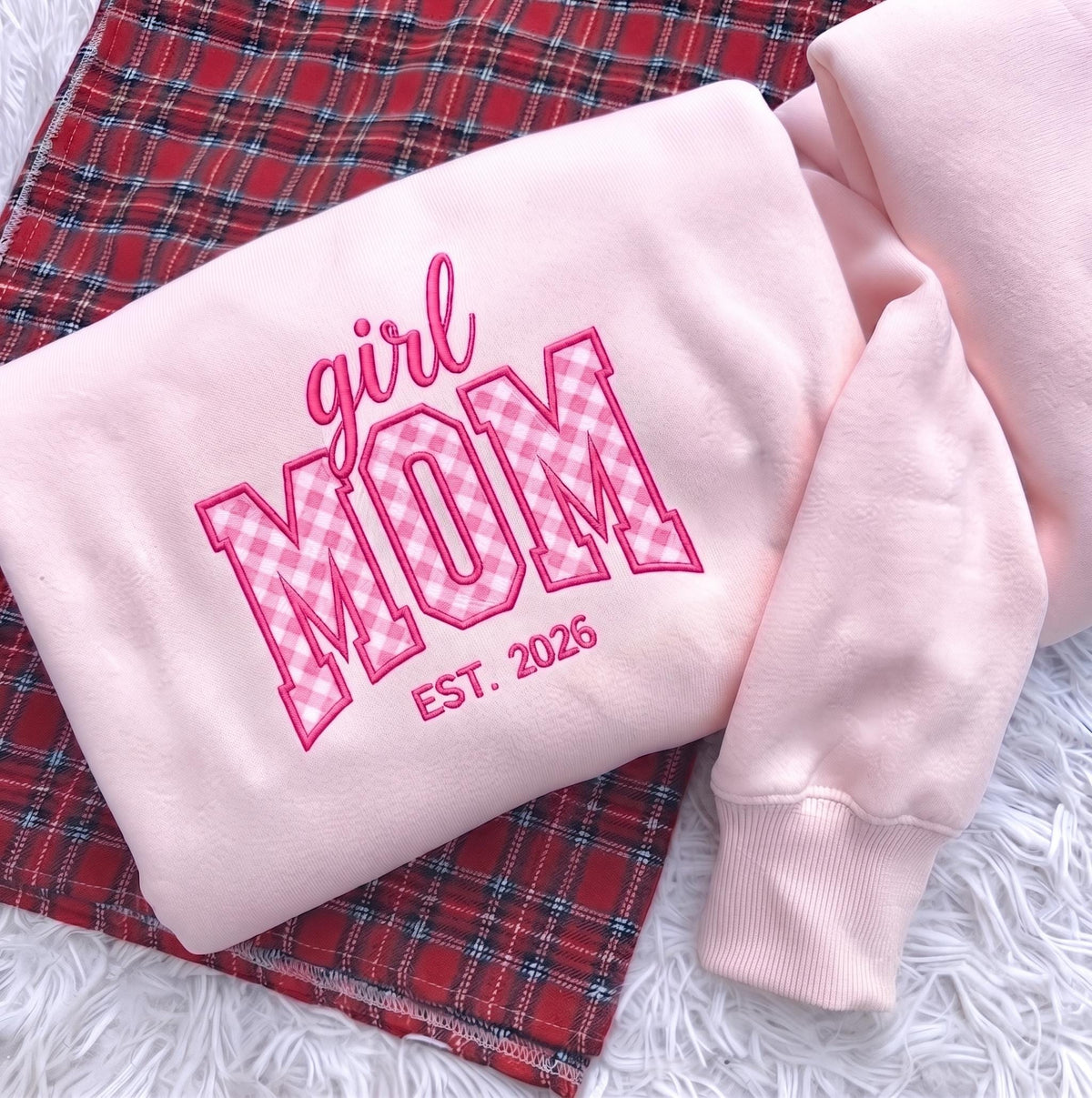 Custom Embroidered Girl Mom Girl Dad Sweatshirt, Pink Gingham Applique Est 2026 Crewneck, New Dad New Mom Gift, Pregnancy Reveal Sweater