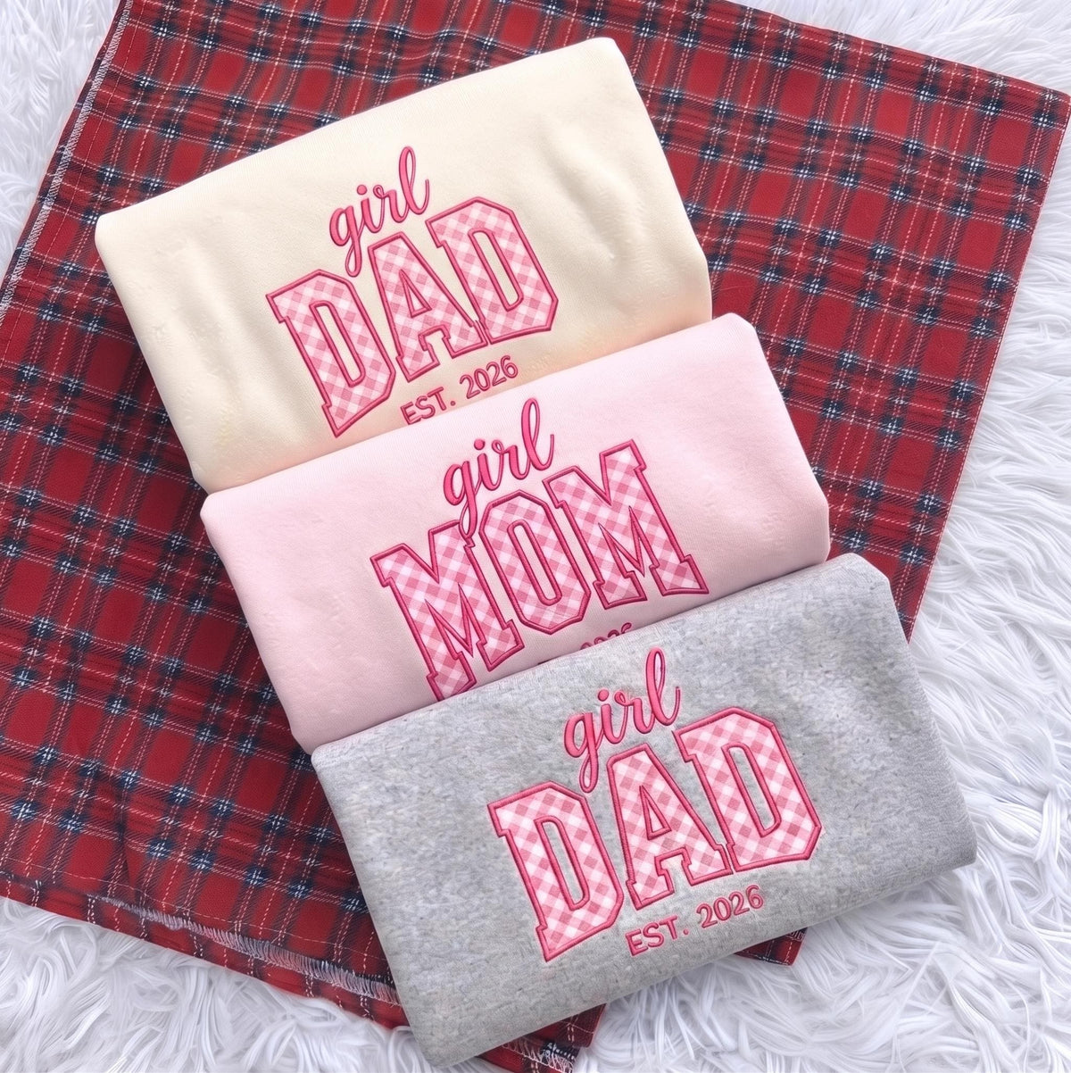 Custom Embroidered Girl Mom Girl Dad Sweatshirt, Pink Gingham Applique Est 2026 Crewneck, New Dad New Mom Gift, Pregnancy Reveal Sweater