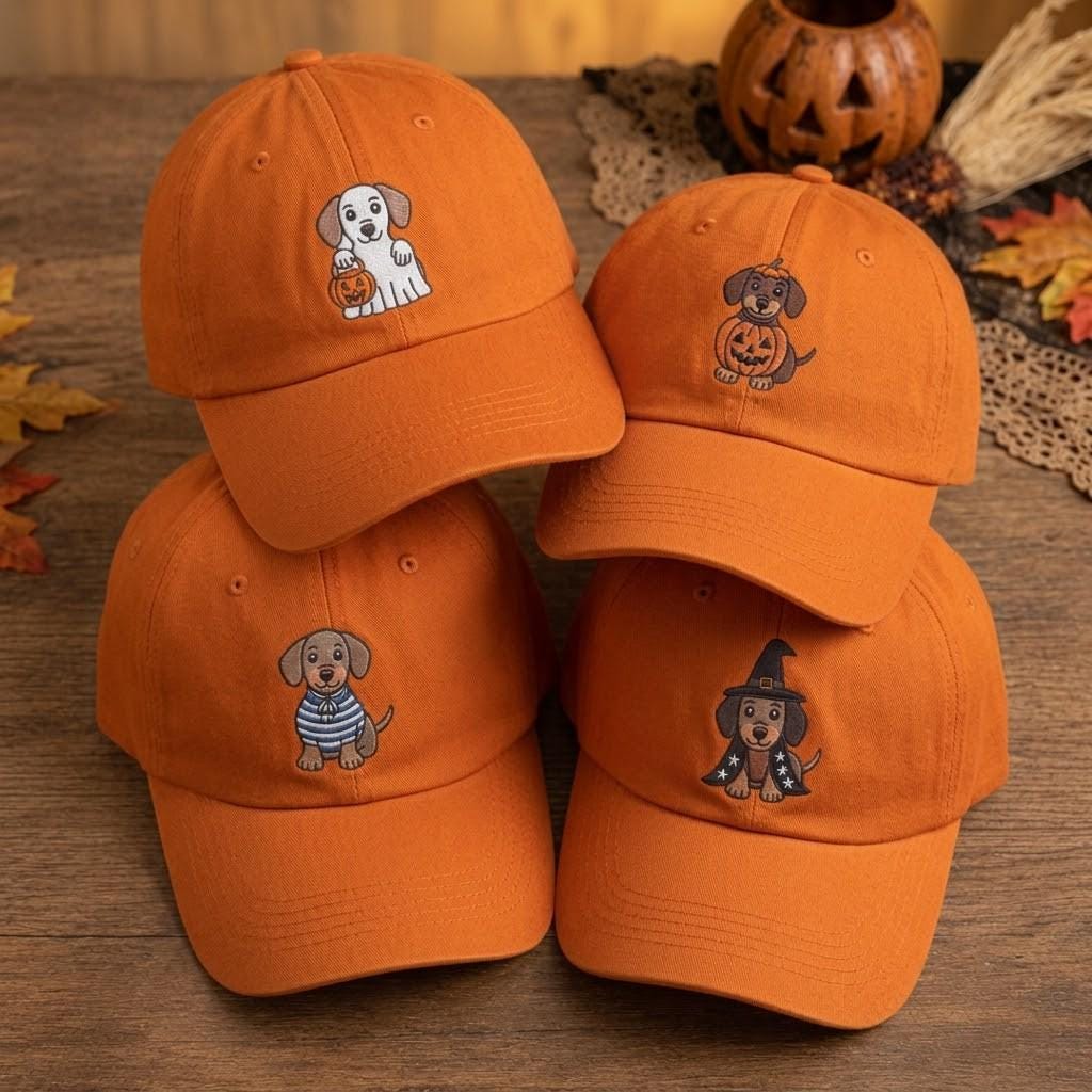 Dachshund Halloween Embroidered Hat, Witch Pumpkin Dog Baseball Cap, Pet Lover Gift