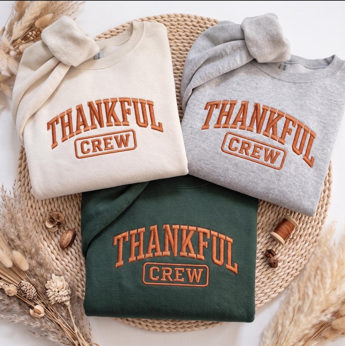 Embroidered Thankful Crew Sweatshirt, Thanksgiving Family Matching Crewneck, Cozy Autumn Holiday Sweater, Festive Fall Gift For Him Her