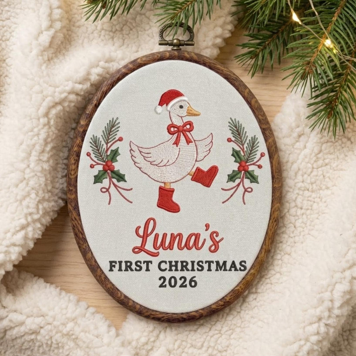 Personalized Baby 1st Christmas Ornament 2026 - Embroidered Goose in Boots Hoop Keepsake