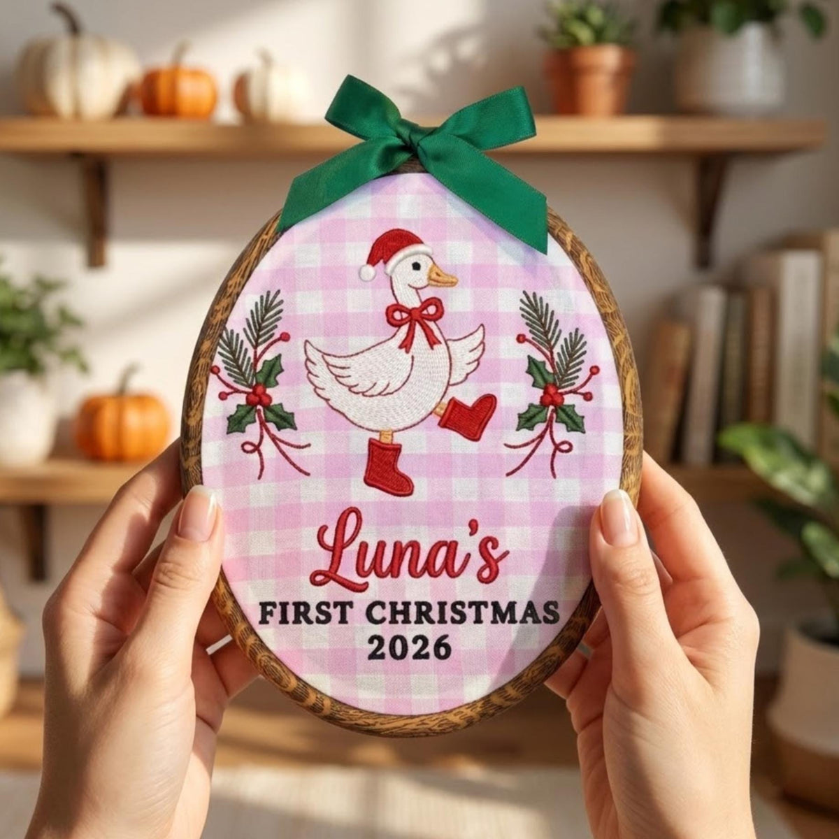 Personalized Baby 1st Christmas Ornament 2026 - Embroidered Goose in Boots Hoop Keepsake