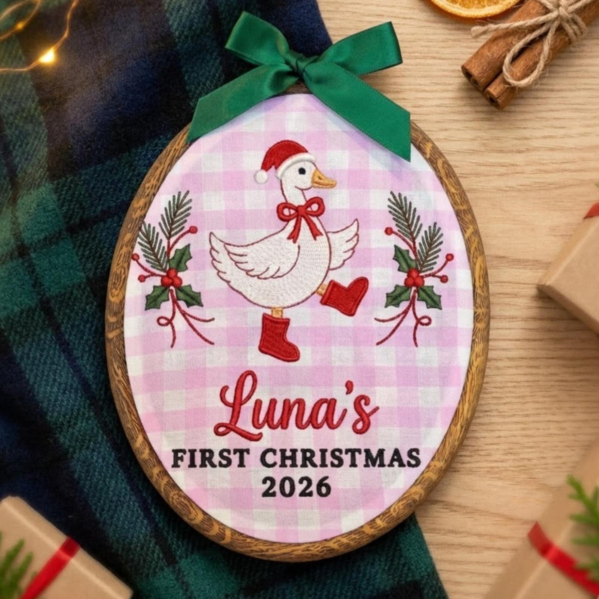 Personalized Baby 1st Christmas Ornament 2026 - Embroidered Goose in Boots Hoop Keepsake