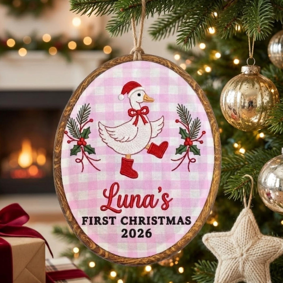 Personalized Baby 1st Christmas Ornament 2026 - Embroidered Goose in Boots Hoop Keepsake